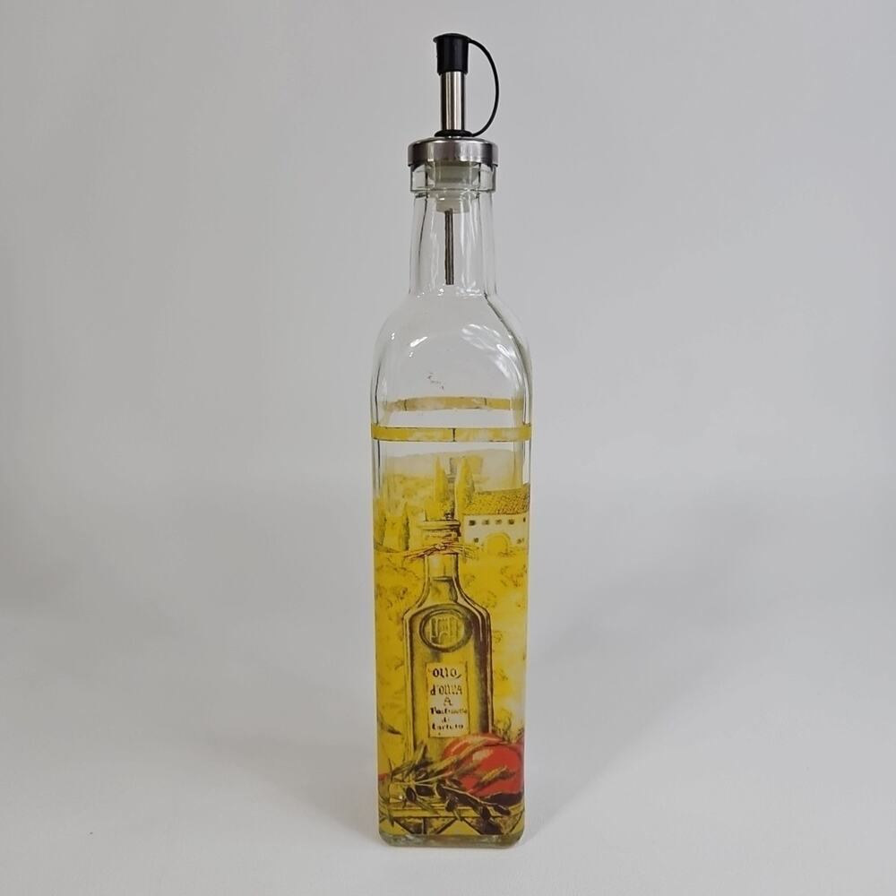 Olive Oil‎ Glass Bottle Dispenser with Tuscan Painted Motif Peppers And Tomato